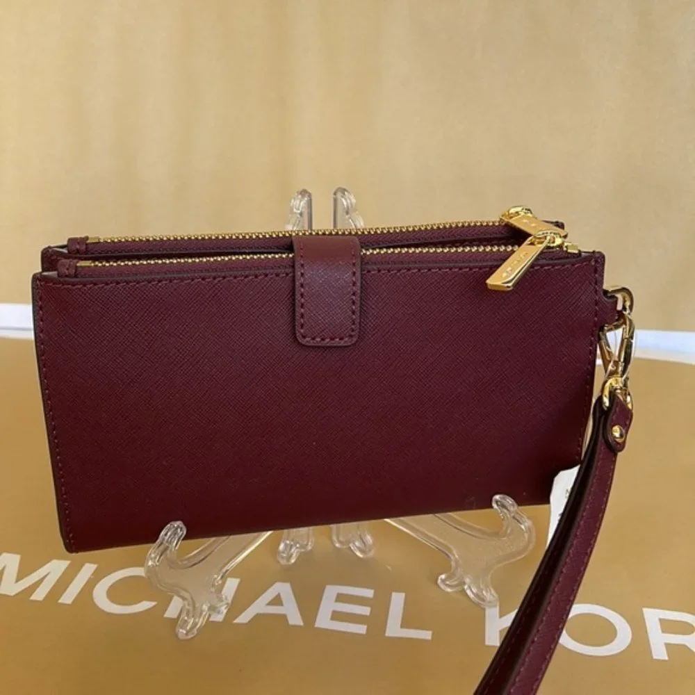 Michael Kors Jet Set Travel Large Double Zip Wristlet Wallet Dark Cherry Leather